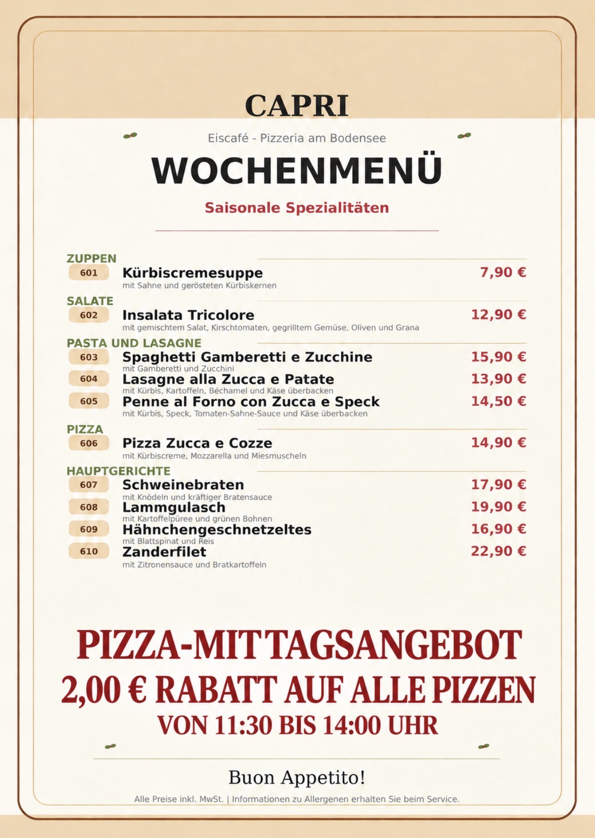 Aktuelles Mittagsmenü des Capri in Überlingen, Montag bis Freitag von 11:30 bis 14:30 Uhr